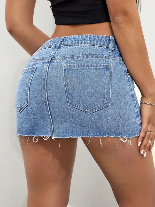 Denim Blue Patchwork Frayed Distressed Hem Mini Skirt - Image 2