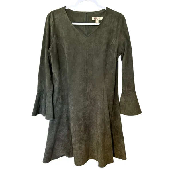Aryeh VTG Velour Dress Y2K Bell Sleeves Olive Green V Neck Boho Whimsey Goth Lg - Image 2