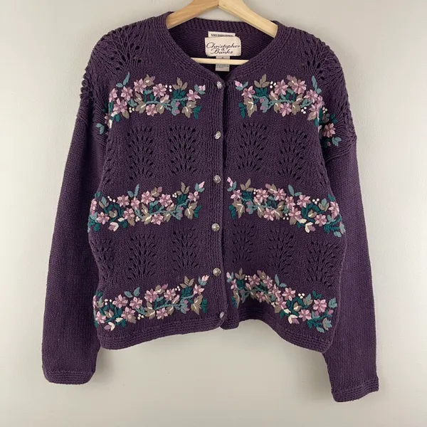 Christopher & Banks Vintage 90’s Purple Hand Embroidered Floral Knit Sweater - Image 2