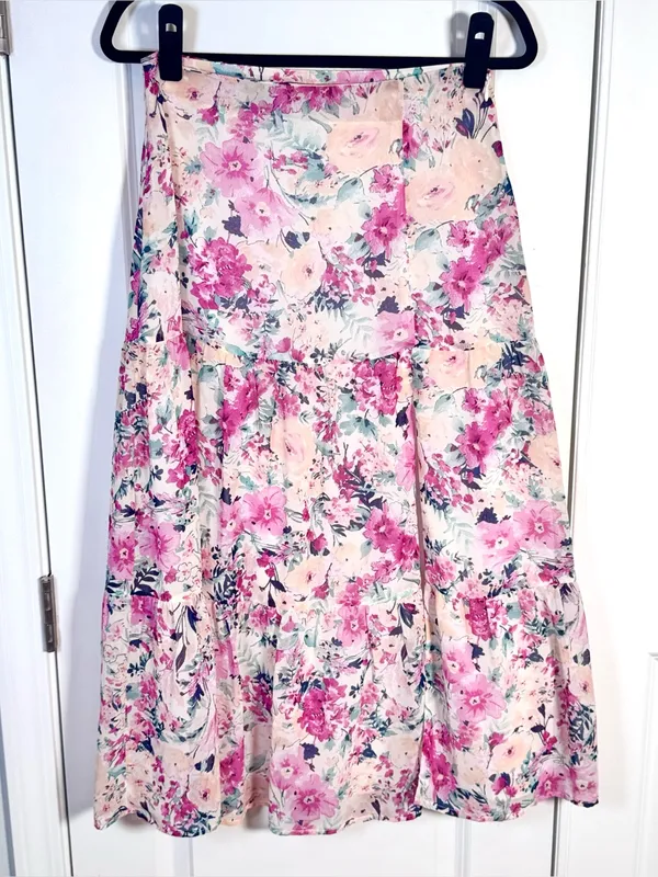 En Saison Fleur Midi Skirt M Free People Pink Floral Tiered Cottagecore Romantic - Image 2