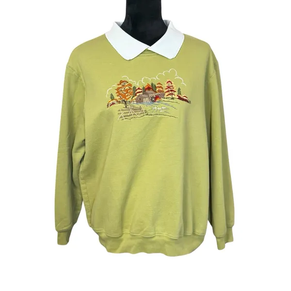 Vtg Green Collared Sweatshirt Autumn Embroidered Landscape Size XL Grannycore - Image 2