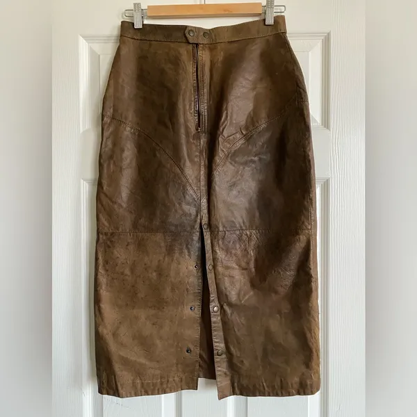 Brown Genuine Leather Midi Skirt High Waist Straight Size 9 Vintage - Image 6