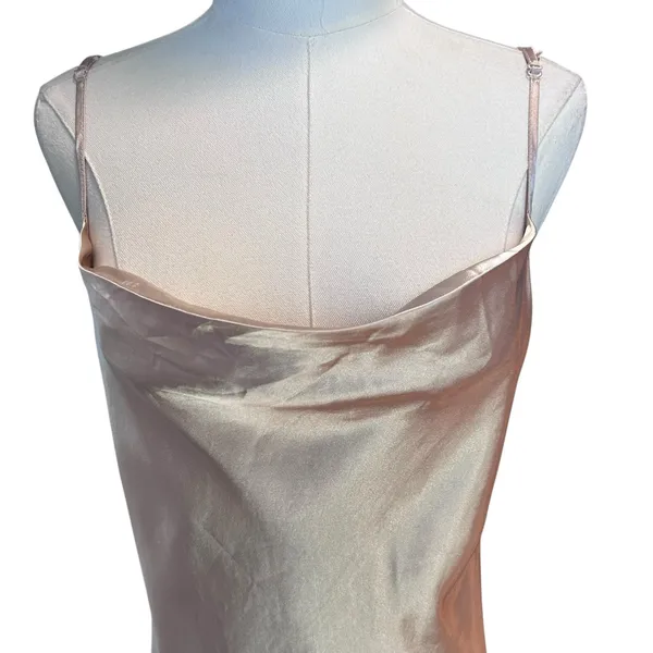 Slip Dress Long High Slit Drapery Neck Beige Ankle SZ SM Y2K Romantic Boho Chic - Image 2
