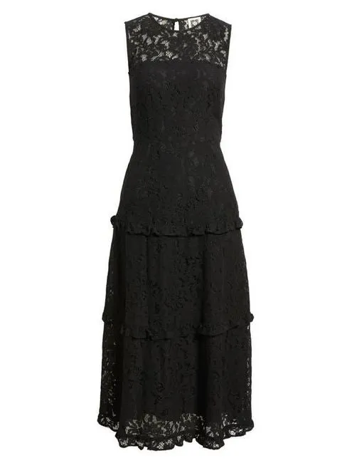 Black Size 6 Lace Sleeveless Tiered Ruffle Midi Dress - Image 2