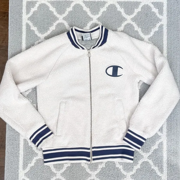 Champion cream Sherpa varsity bomber sporty jacket with logo - Image 2