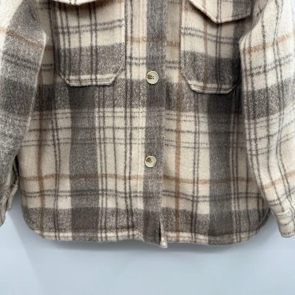 ZARA Plaid‎ Shirt Jacket Women's Size Large Cream Tan Gray Long Sleeve Collared - Image 4