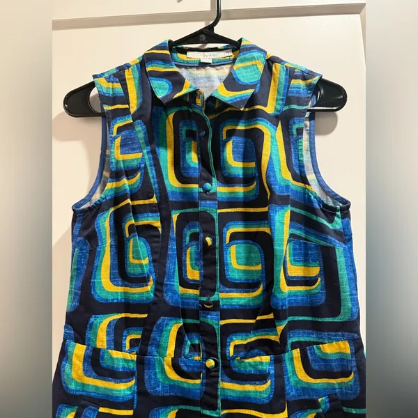 Boden Geometric Blue and‎ Green Midi Dress Size 6R - Image 3