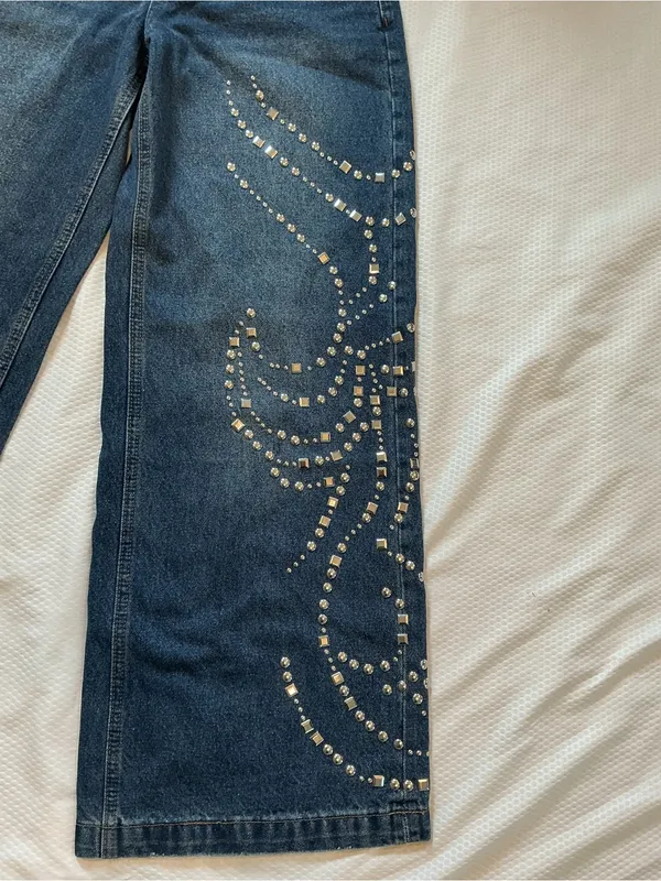 Dark Blue Wide-Leg Jeans with Studded Swirl Detail - Image 6