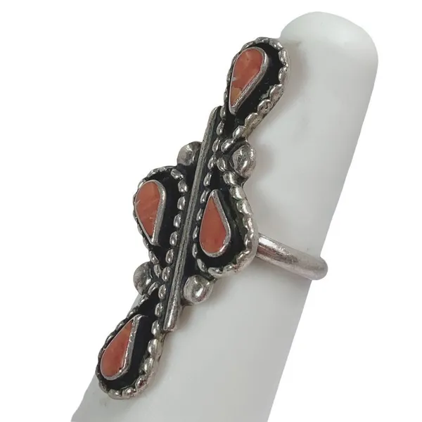 ZUNI Artist Signed LES Southwestern Natural Coral Vintage Ring Sz 5 - Image 6