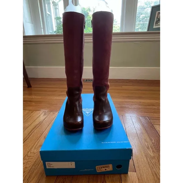 John Fluevog Hopefuls Blossom Tall Boots Burgundy Brown Boho Leather Two Tone 7 - Image 2