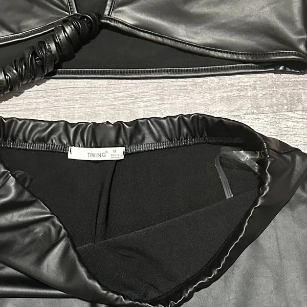 Timing Black Faux Leather Mini Skirt Set M Tie V Neck Crop Top Clubwear Baddie - Image 6