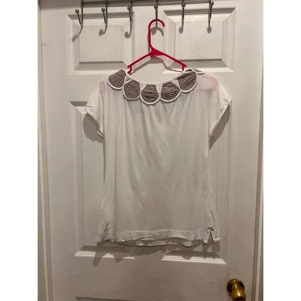 Anthropologie Deletta Womens Large White Scalloped Petal Collar‎ Tie Neck Tee L - Image 5