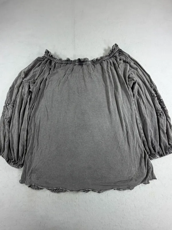Solitaire Embroidered Peasant Blouse Gray‎ Boho Cottagecore Off Shoulder Top L - Image 2
