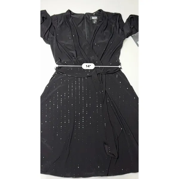 DKNY Faux Wrap A-Line Dress 8 Black Sparkle LBD Party‎ Holiday NWT $150 - Image 7