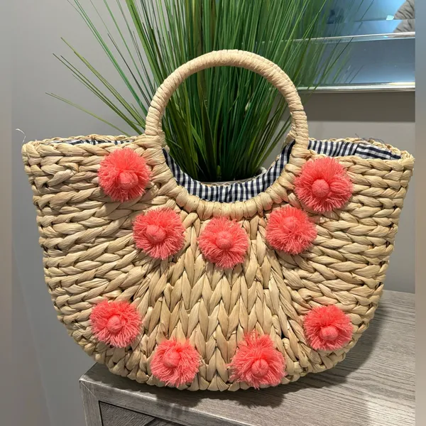 Straw Rattan Tote Bag with Floral Accents & Gingham Lining - Image 2