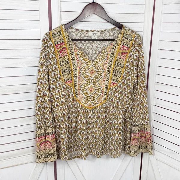 Style & Co‎ Printed Flared Hem Bell Sleeve V Neck Top Yellow Multi Small - Image 7