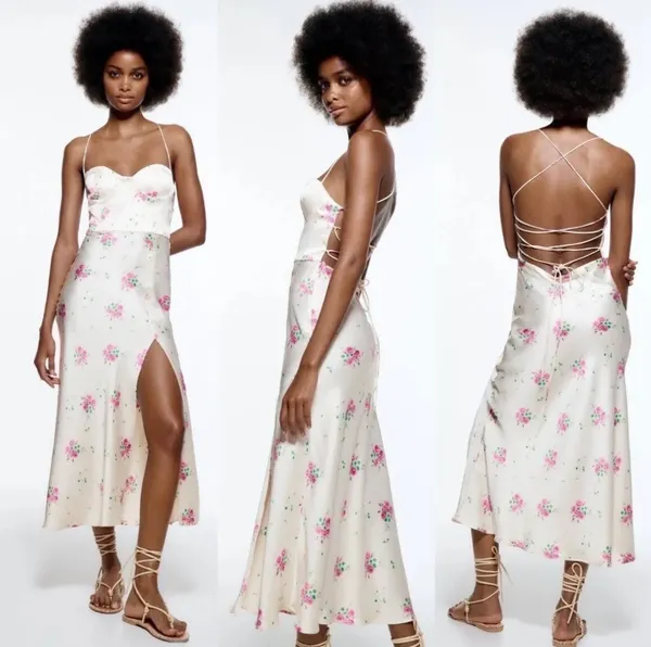 Zara dress midi corset like floral satin effect open back wedding summer party - Image 11