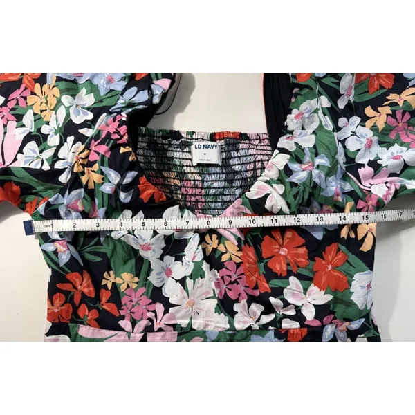 Old Navy Blue Floral‎ Puff Sleeve Smocked Back Midi Dress Pockets Medium Cottage - Image 8