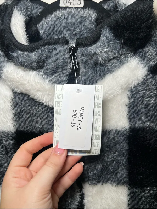 LuLaRoe Nancy Black and White Buffalo Check Fuzzy Half Zip Sweater - Image 2