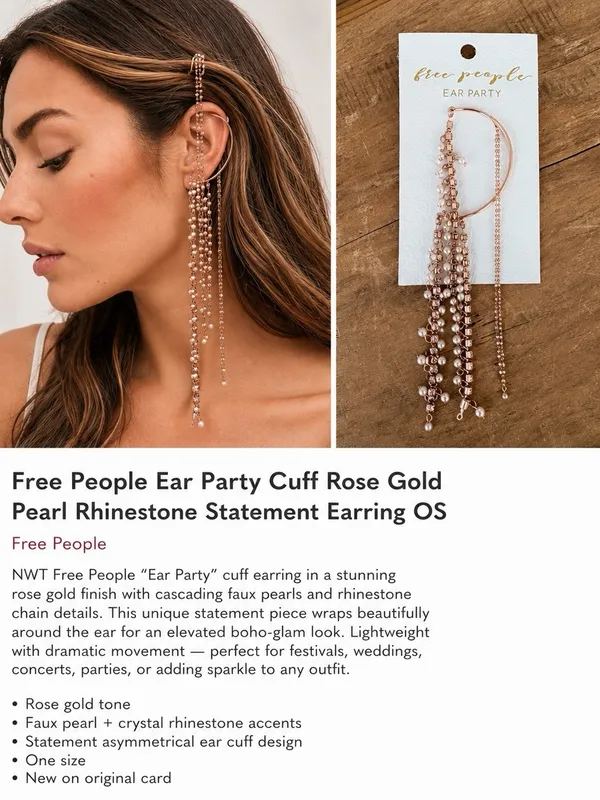 NWT Free People Ear Party Cuff Rose Gold Pearl Rhinestone Statement Earring - Image 2