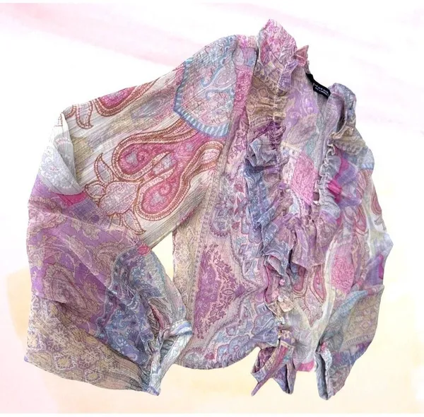 Ruffled Knotted Crop Top Blouse Medium Paisley Abstract Gold Color … - Image 5