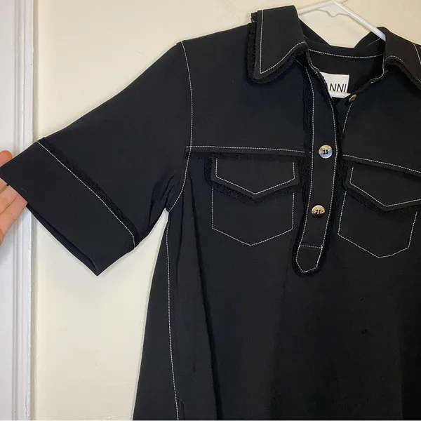 GANNI NEW Sable Topstitch Crepe Swing Button Front Mini Dress Black Sz 36 SNAGS - Image 8
