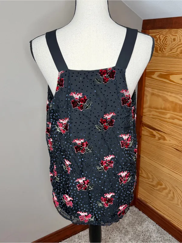 Loft Velvet Floral Swiss Dot Wide Strap V-Neck Tank Top Medium M Black Red Blue - Image 2