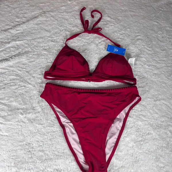Cupshe Red High Waisted Bikini Set Whipstitch Halter Triangle Top Size Large NWT - Image 2
