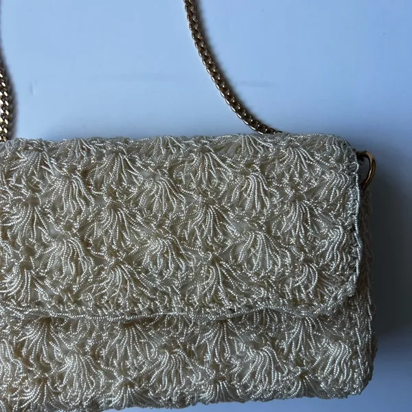 Vtg Ivory Chain Purse Shoulder Clutch Handbag 50s 60s made in Japan - Image 2