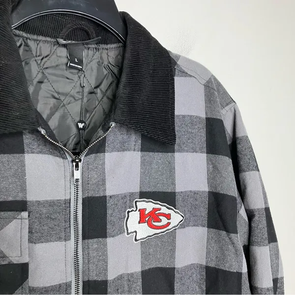 Kansas City Chiefs flannel‎ jacket black gray buffalo plaid women’s size large - Image 4