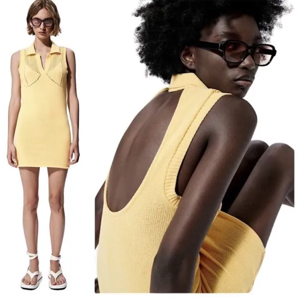 Zara Yellow Perforated Collared‎ Sleeveless V-Neck Knit Mini Dress Medium - Image 2