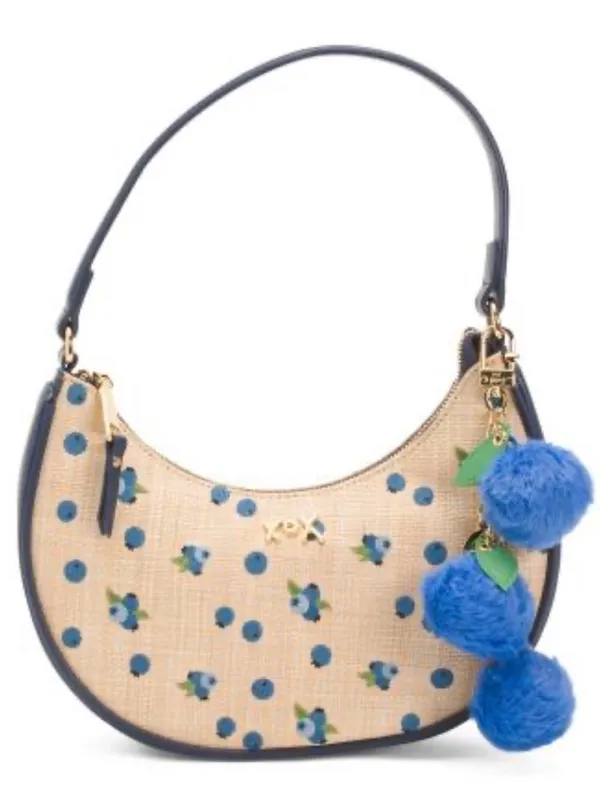 🫐👜BETSEY JOHNSON Straw Blueberry Shoulder Bag With Blueberry Pom-Pom Charm - Image 2