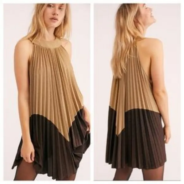 NWT Free People Pleated Love Metallic Mini Dress Color block Medium - Image 3