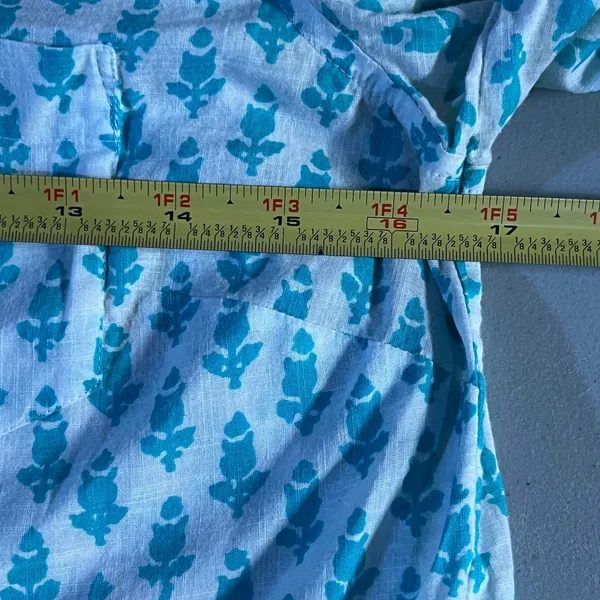 J. Crew Women's Teal Blue White Cotton Thistle Print Popover‎ Size Small - Image 5