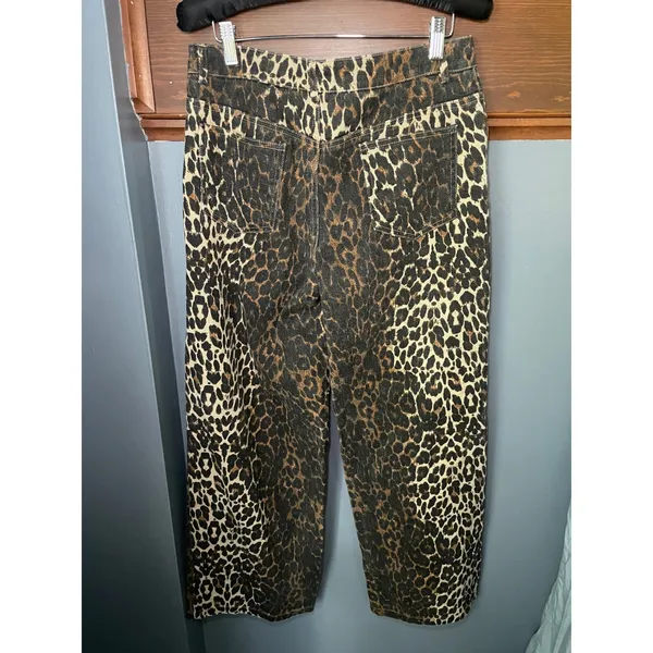 Edikted Leopard Print Denim Pants Brown Black Animal Print Straight Leg Size M - Image 2