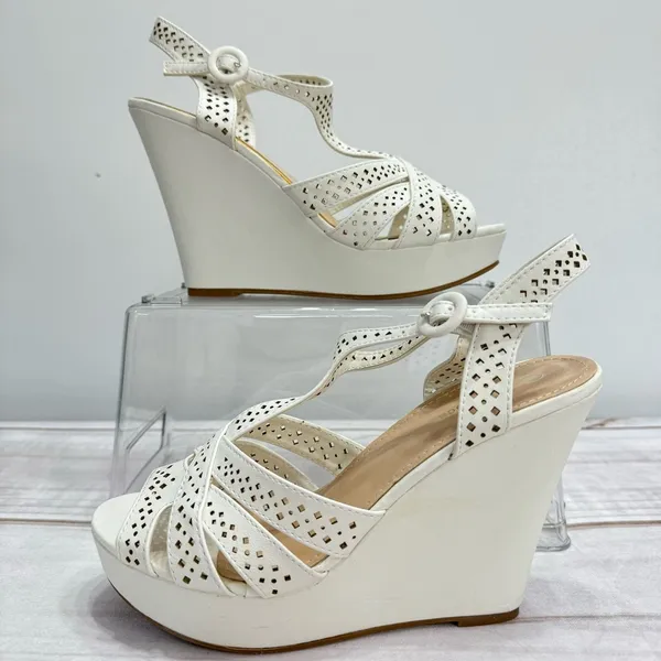 Top Moda Strappy Ivory Wedge Heeled Platform Sandals with Cutouts Size 8 - Image 2