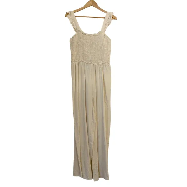 H&M Linen Blend Smocked Jumpsuit Small Wide Leg Beachy Coastal Minimalist‎ Beige - Image 2