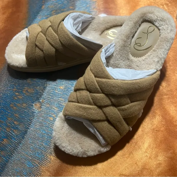 New Sam Edelman Vaughn Faux Fur Lined Sandal Slide size 8 Camel Twill Tan - Image 2