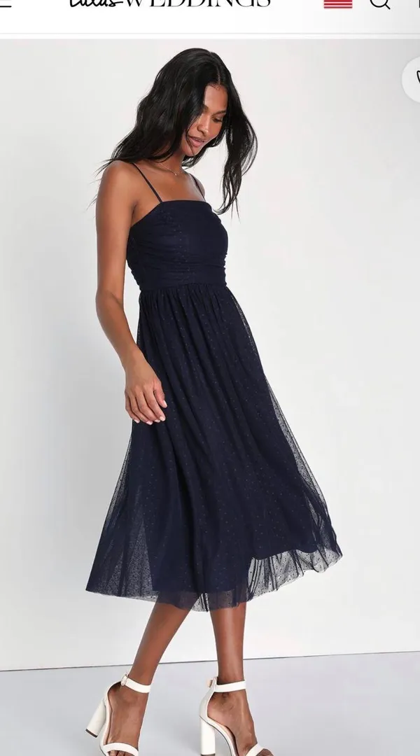 Lulus Navy Blue Swiss Dot Ruched Midi Dress - Image 4