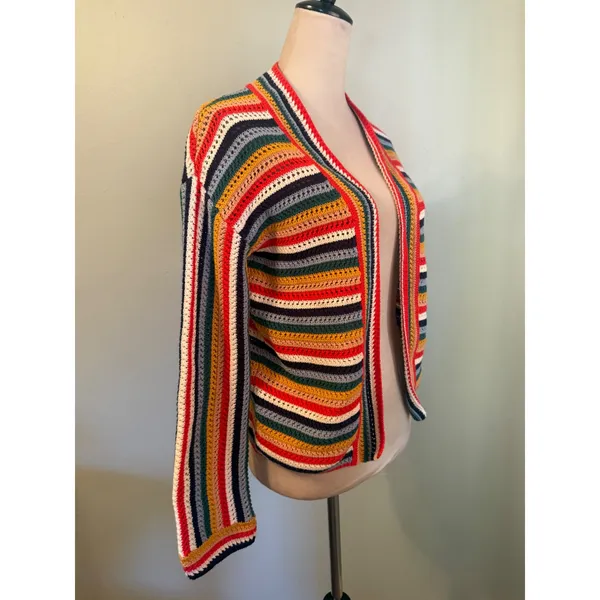 Hanna Andersson Multi boho Striped Crochet Knit Cotton Cardigan whimsi Sweater L - Image 2