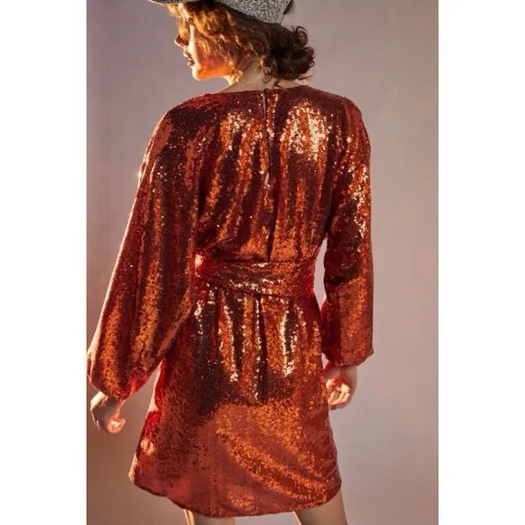 ANTHROPOLOGIE LISABETTE SEQUINED MINI‎ DRESS IN DARK ORANGE size small - Image 2