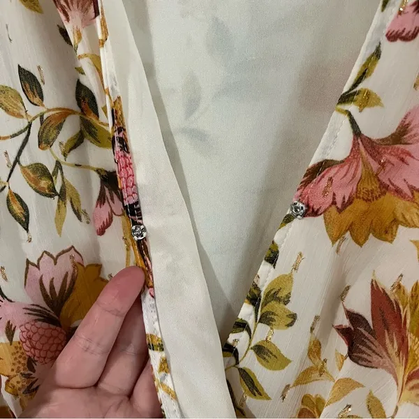 Haver + Blair Floral Smocked Blouse XL Gold Thread Boho Flutter Sleeve Top - Image 5