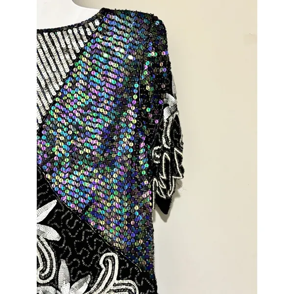 Vtg Scala Beaded Sequin Top Black Silver Embellished Blouse Size Large - Image 10