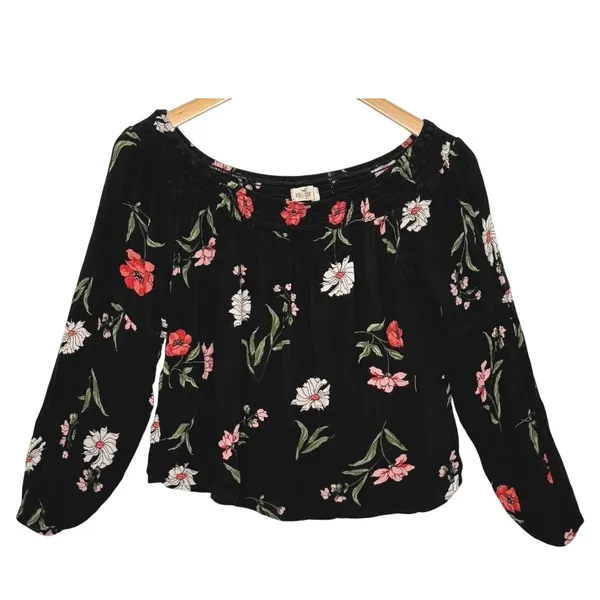 Hollister Floral Top Sz‎ Med Off the Shoulder Bell Sleeves Boho Peasant Style - Image 2