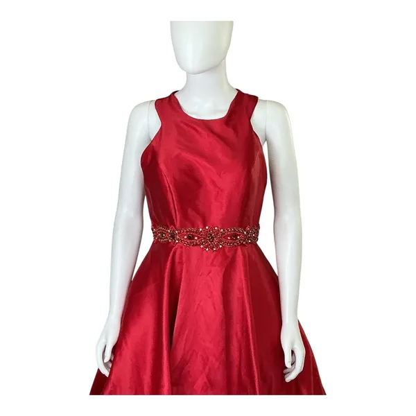Mac Duggal Red Tiered‎ Ruffle Beaded Waist High Neck Ball Gown Dress Size 8 - Image 9