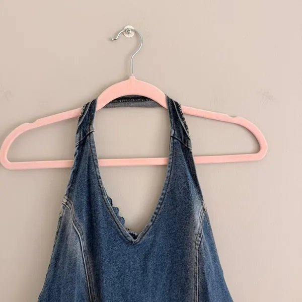 Y2k Medium Wash Village Jeans Denim Western Halter Neck Top - Image 3