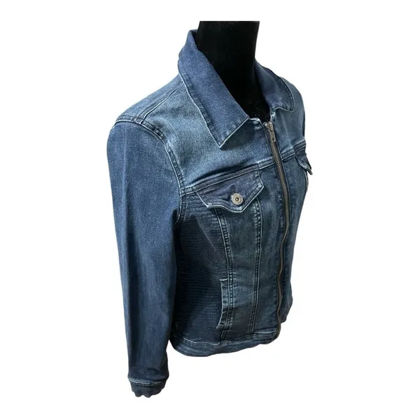 Guess Rigby Denim Moto Zip Distressed Blue Jean Jacket Medium - Image 4