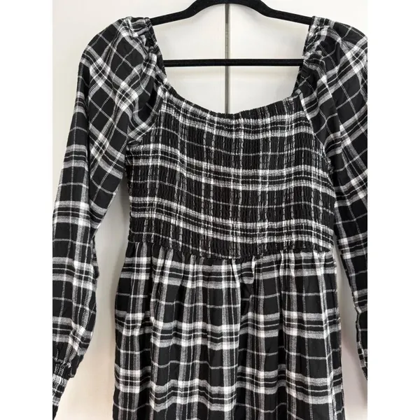 Lucky Brand Black Plaid Smocked Midi Dress‎ Grunge Cottagecore Long Sleeve NWT - Image 5