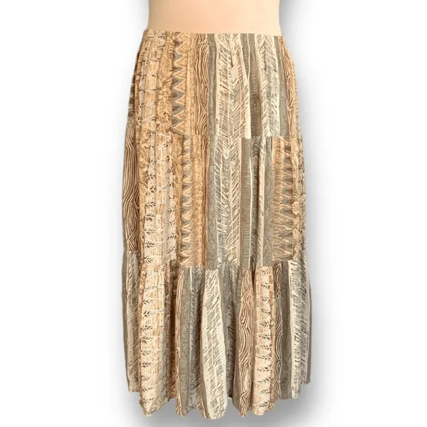 Vintage Petites Earthy Crinkle Rayon Tiered Patchwork Boho Maxi Skirt Festival‎ - Image 4