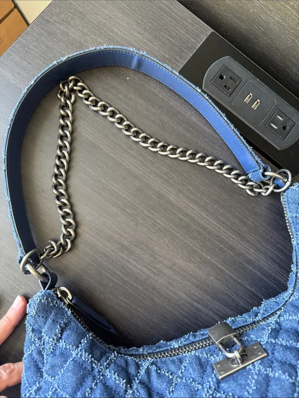 Kurt Geiger quilted Denim Shoulder Bag with Chain Strap - Blue - Image 4